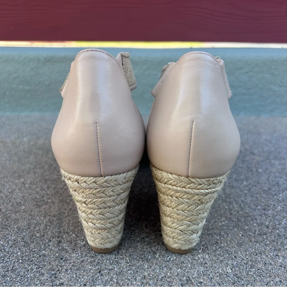 NEW $219~TARYN ROSE~KRISSY Linen/Leather Espadrille Platform Wedge Sandals~7/7.5